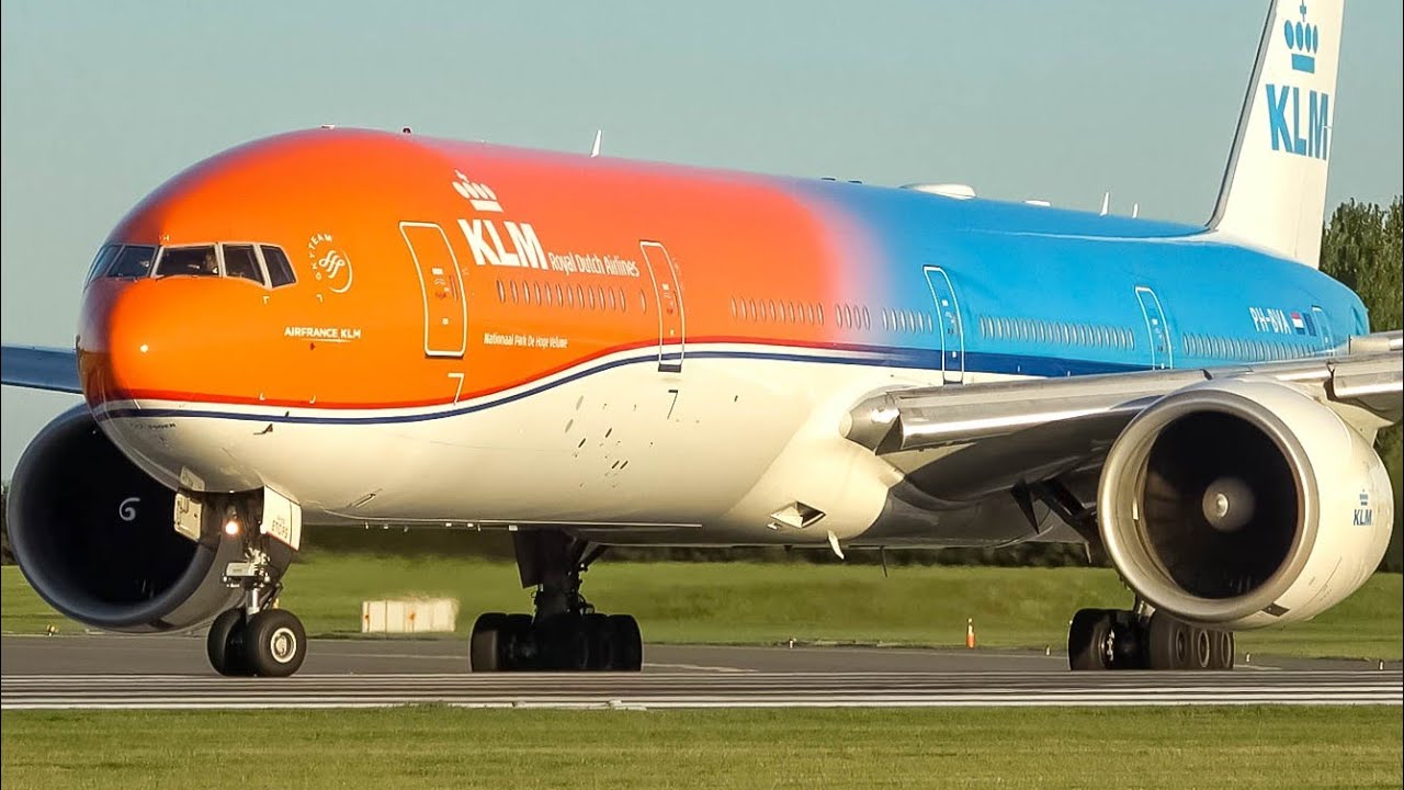 4K) KLM 777-300ER 'Orange Pride' landings & take-offs at Amsterdam