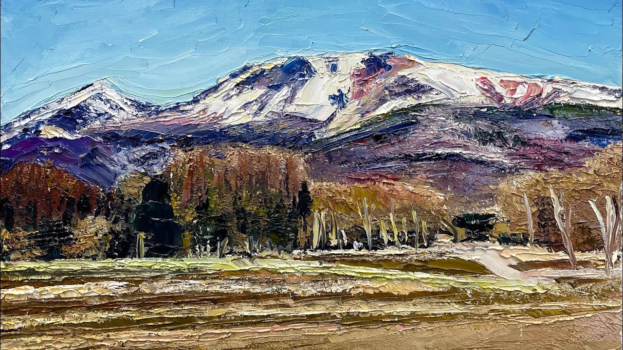 油絵 風景画】雪をかぶった浅間山の風景をペインティングナイフだけで