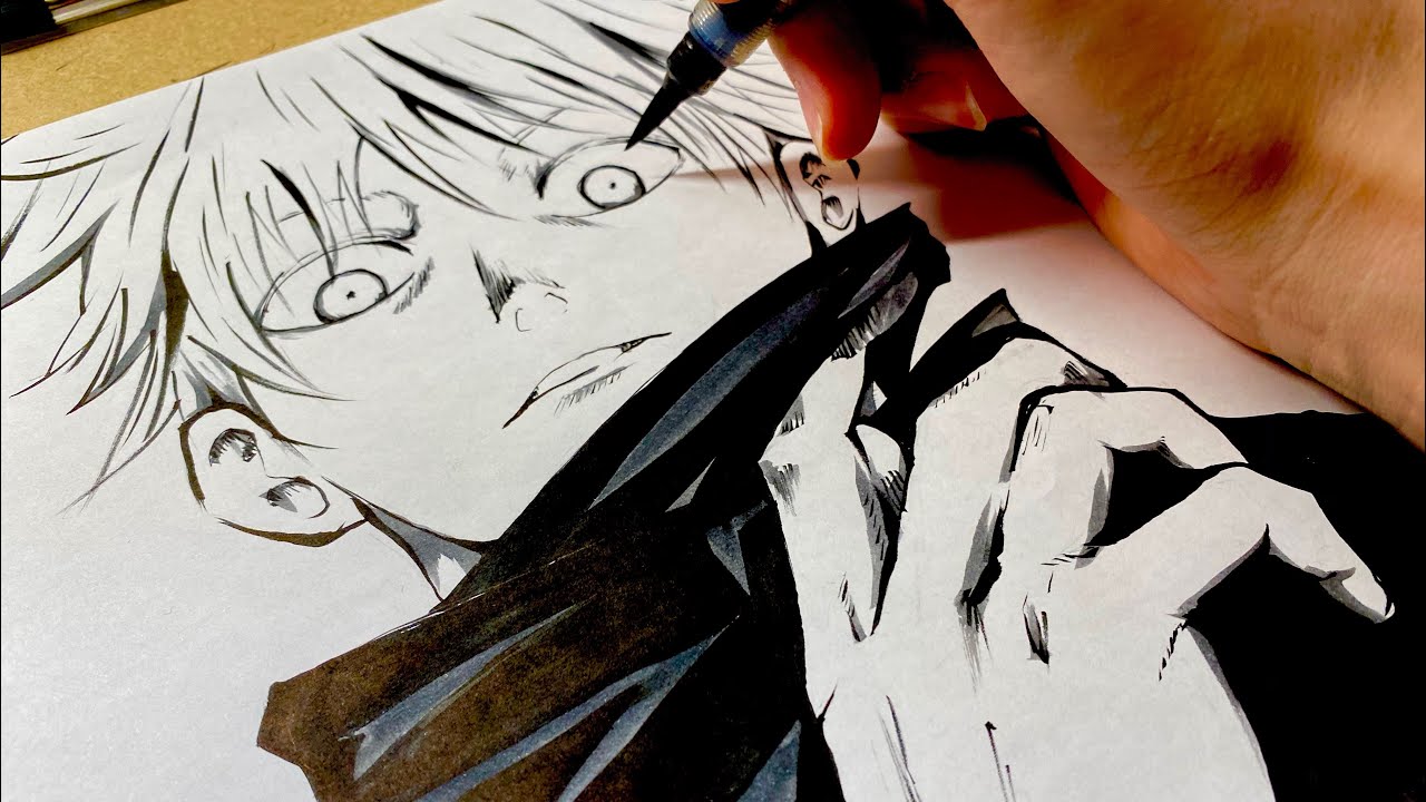 呪術廻戦】五条悟を筆ペンで描いてみた(墨絵/筆絵/アナログイラスト