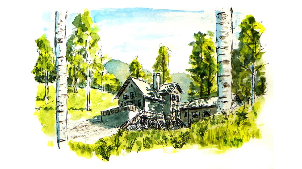 Freely watercolor】 山小屋のある風景 Mountain hut - YouTube