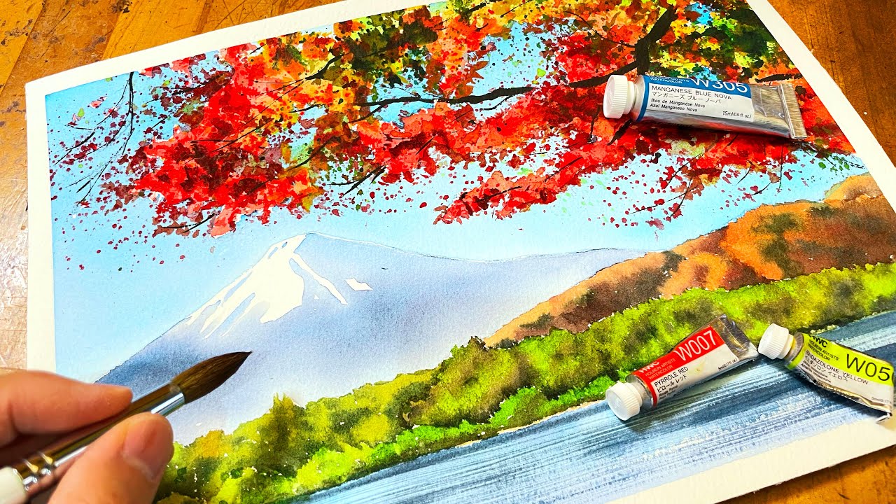 水彩画】遠景・近景・中景の描き分けを徹底解説【富士と紅葉】 - YouTube