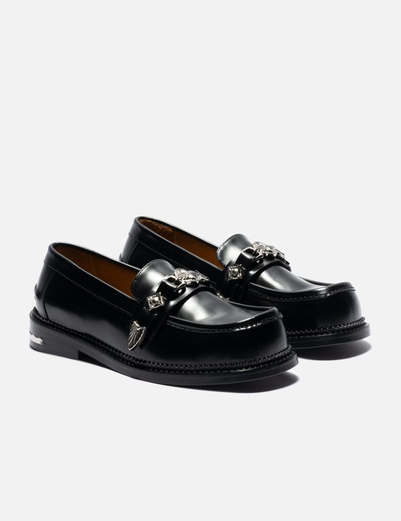 Toga Pulla Loafer - Black leather slip-on loafer with silver-trim