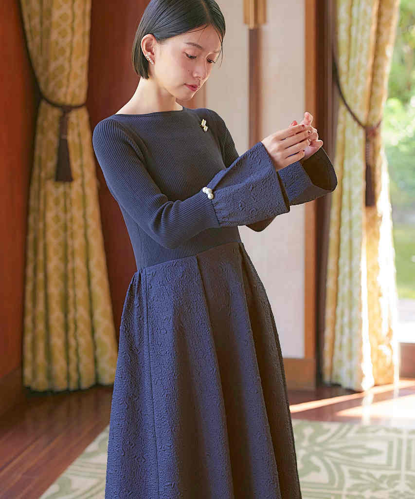 S～L】リブニット＆膨れジャガードワンピース | ルイルエブティック