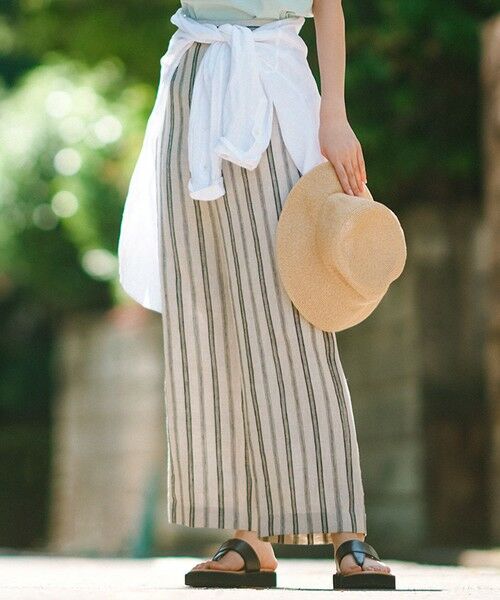 セール】 【洗える】リネンストライプ ワイド パンツ （その他パンツ