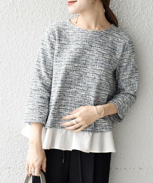 セール】 *〈手洗い可能〉ツイードドッキングフリルトップス