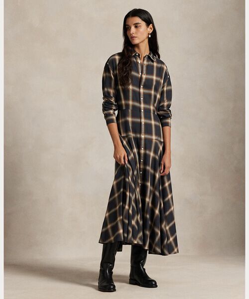 セール】 チェック ツイル パネルド シャツドレス （ロング・マキシ丈