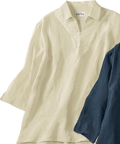 セール】 フレンチリネン 七分袖スキッパーシャツ （シャツ・ブラウス