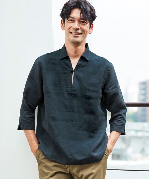 セール】 フレンチリネン 七分袖スキッパーシャツ （シャツ・ブラウス