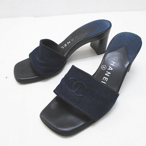 シャネル CHANEL サンダル ミュール ココマーク 刺繍 36 ブルー 青