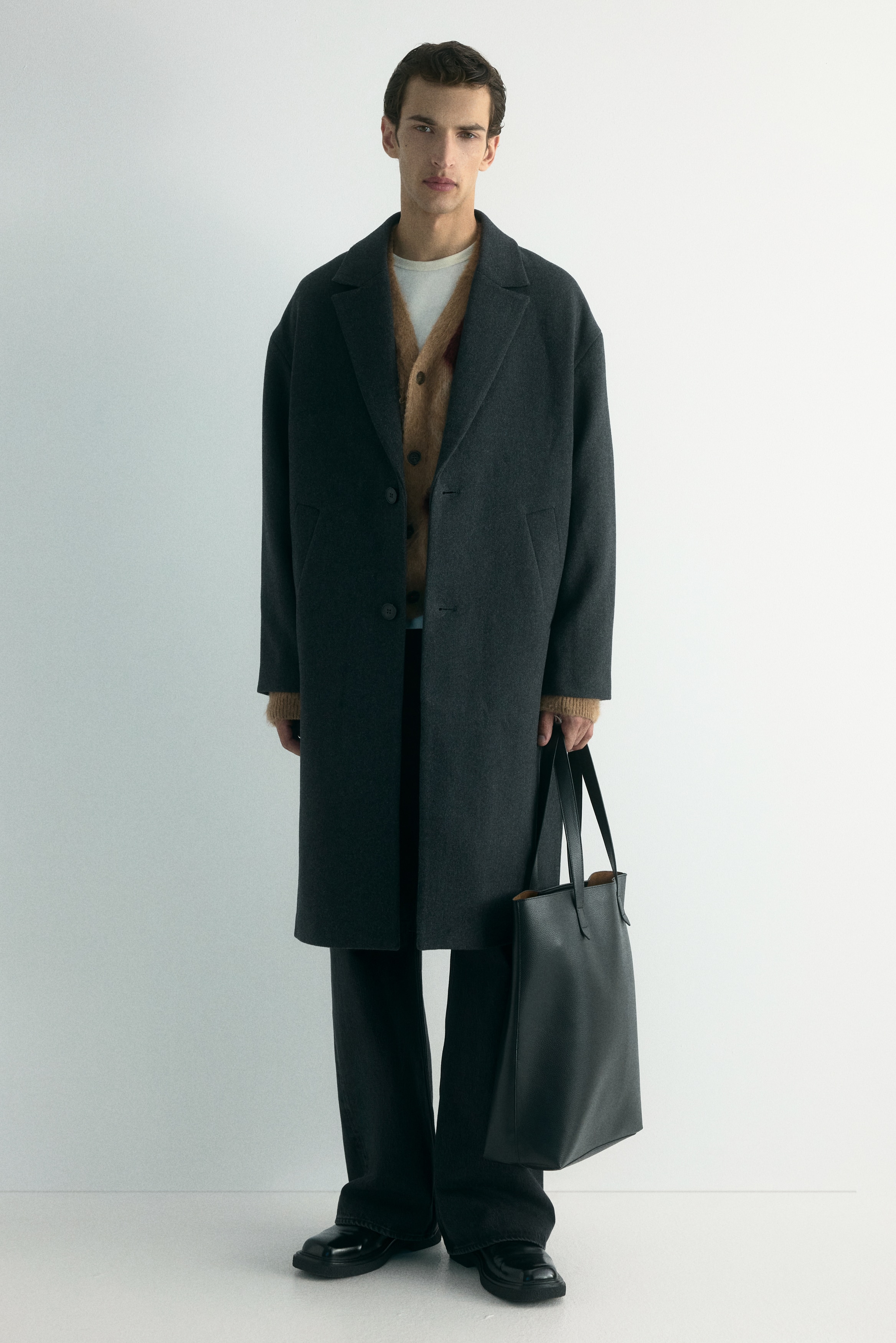 ウールブレンド シングルブレストコート - ダークグレーメランジ - Men