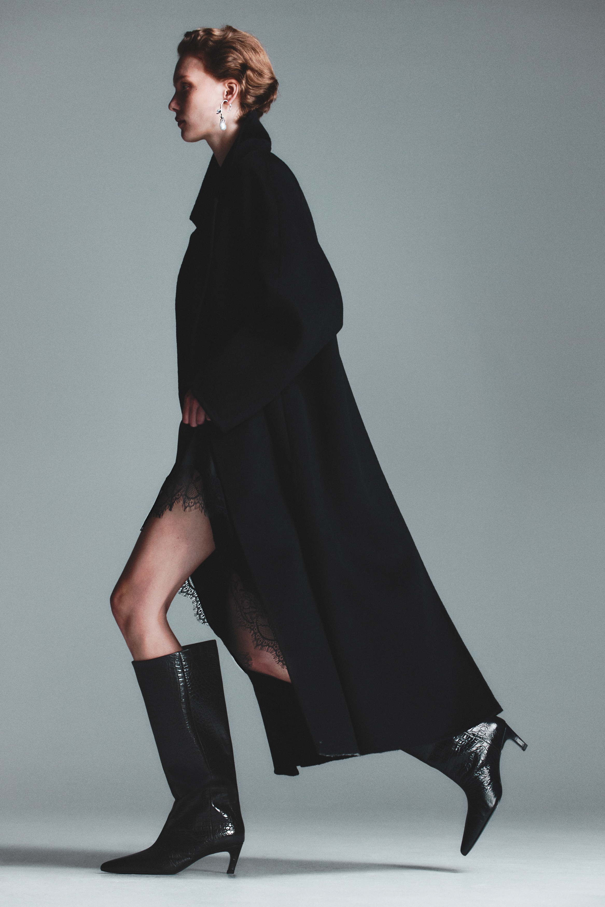 レザーロングブーツ - ブラック／クロコダイルライク - レディース