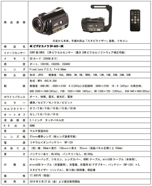 ドンキ、1万7800円の4Kビデオカメラ発売 YouTube用の動画撮影などの