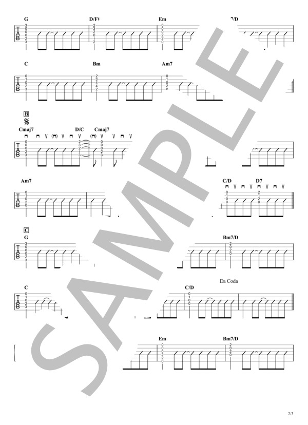楽譜】 ギターTAB譜｜簡単コードストロークで弾くVer. / 山下 達郎