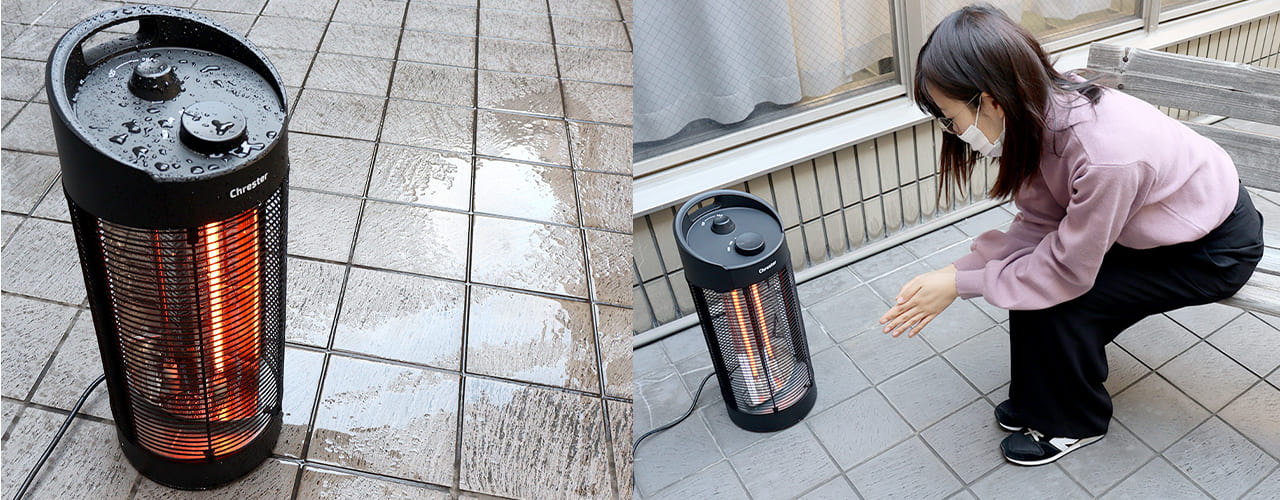 防水性能をもつchresterの電気ストーブ「HEAT-K-121B」は、屋外でも大