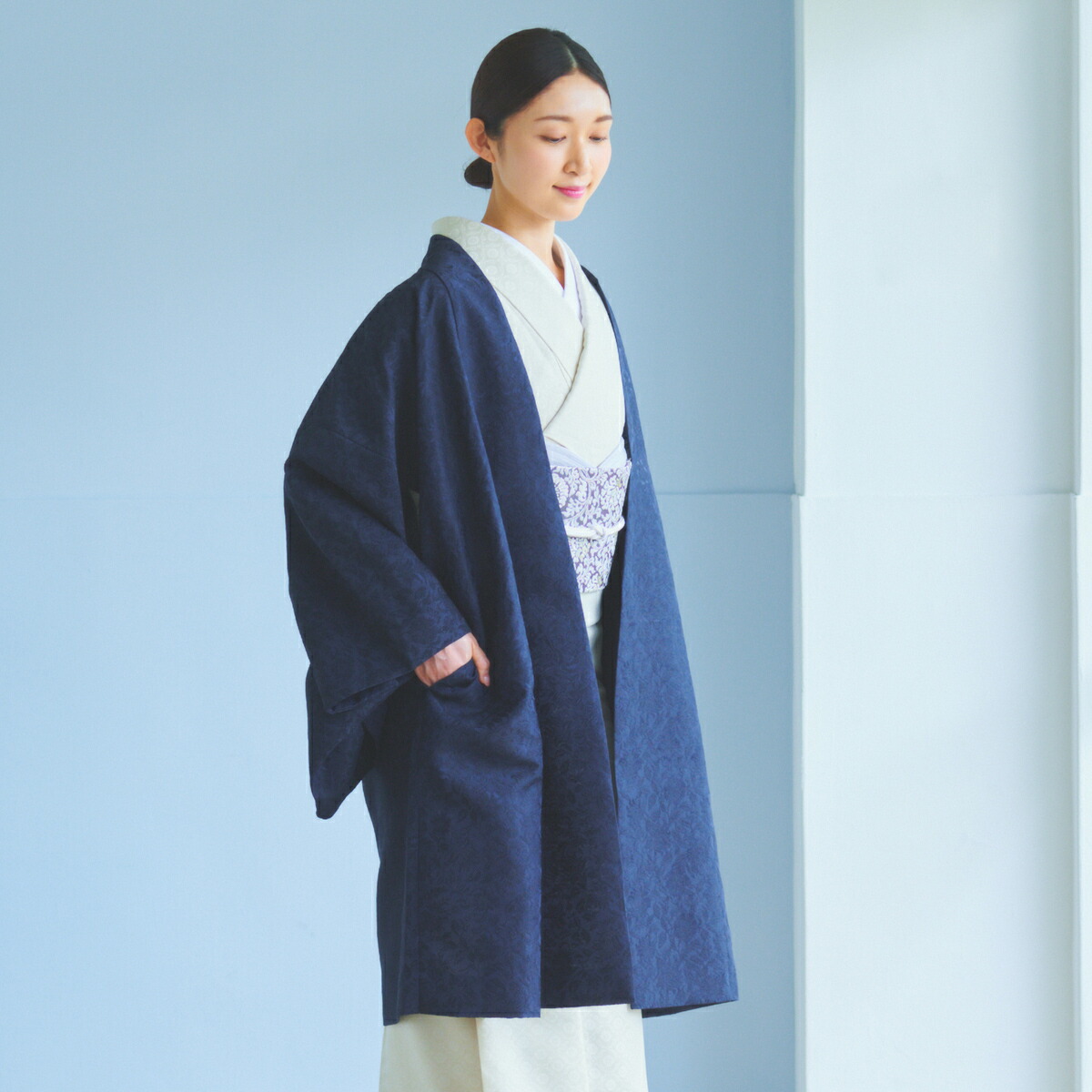 CHIKUMO-千雲-】洗える道中着 更紗 ネイビー 単衣仕立て 晴雨兼用 雨