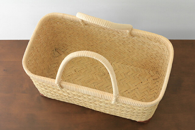 スズ竹市場かご(岩手県鳥越竹細工/籐ハンドル/中サイズ/レザー底あて