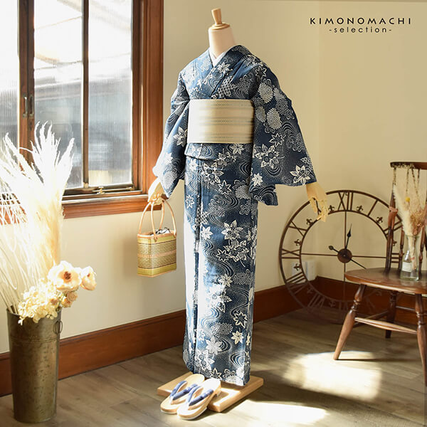 浴衣 レディース 単品 お仕立て上がり浴衣 綿絽浴衣「流水、菊楓 さび