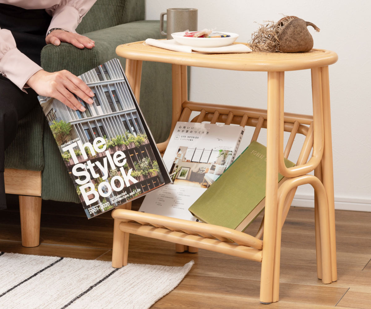 楽天市場】籐 サイドテーブル 幅50cm マガジンラック付 天然木