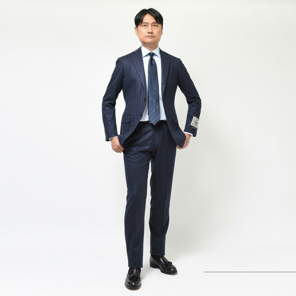 guji（グジ）ウールフランネルチョークストライプ3B1プリーツスーツ