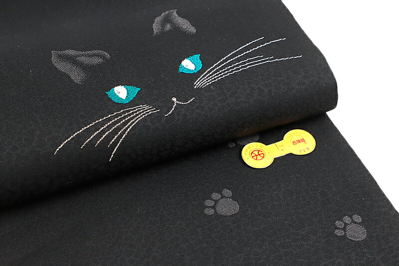 楽天市場】名古屋帯 西陣織 弥栄織物 猫 ねこの足跡 黒地 青 新品 九寸