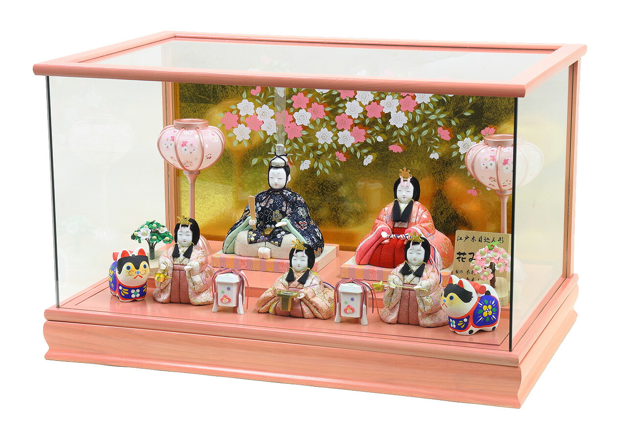 雛人形 木目込五人ケース飾り【P80405】 桜柄衣装の可愛い木目込5人