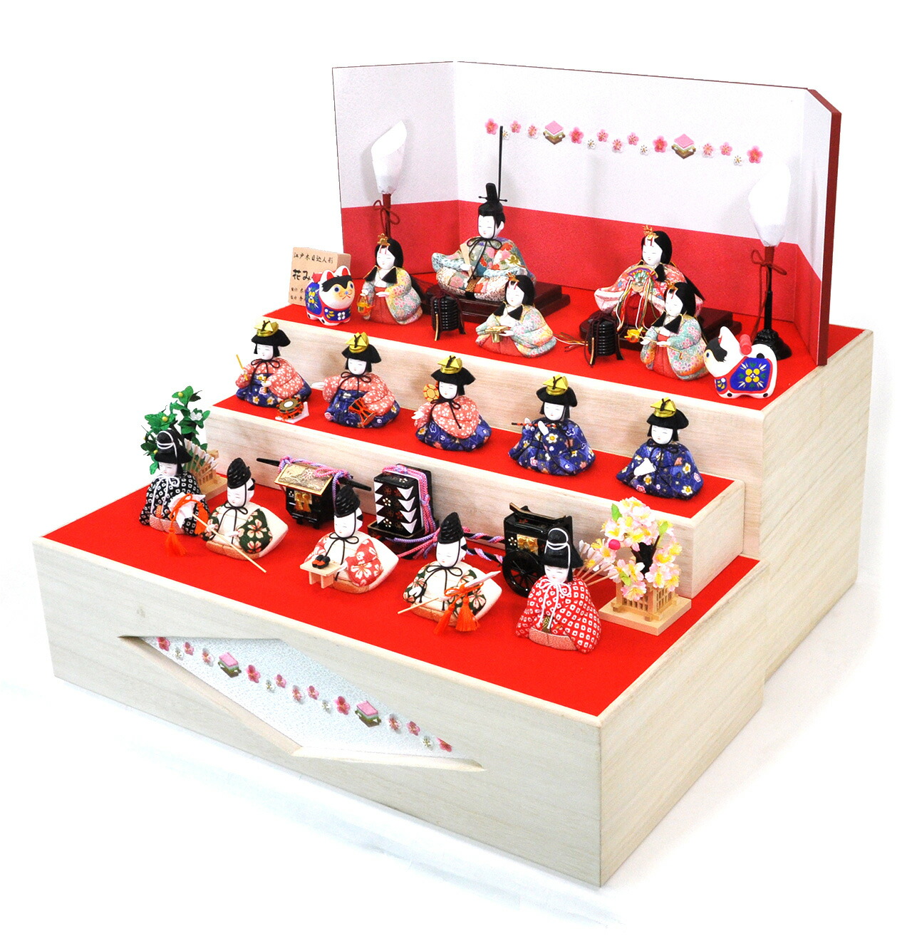 一秀作☆木目込み三段十五人収納飾りセット 【P81418】美しい白桐と桜