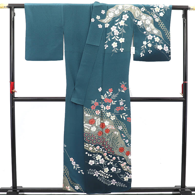 中古】 訪問着 袷 レディース 正絹 青緑 辻が花 道長取り 身丈157.5cm