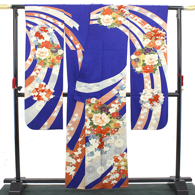 中古】 振袖 振り袖 成人式 レディース 正絹 青 古典柄 レトロ 身丈