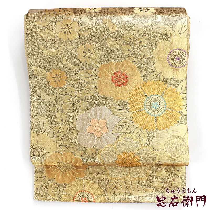中古】 袋帯 ふくろ帯 礼装用 リサイクル レディース 正絹 金 花柄