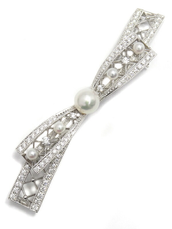 MIKIMOTO】【仕上済】 ミキモト『K18WG リボンモチーフ ブローチ