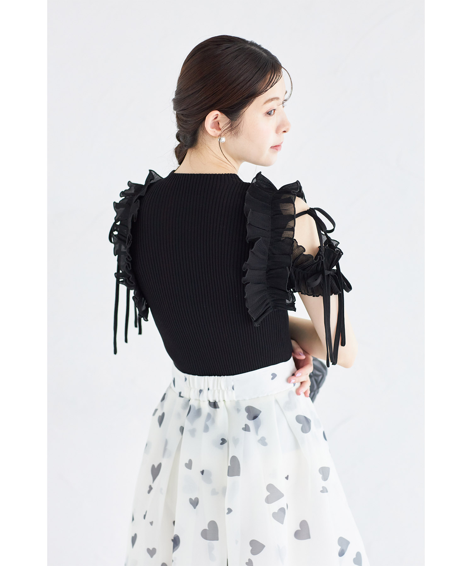 りぼん付きプリーツシフォンフリル切り替えリブニットプルオーバー