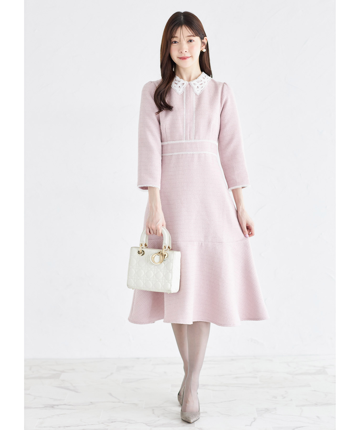 2WAYレース襟付きラインレース×ツイードワンピース