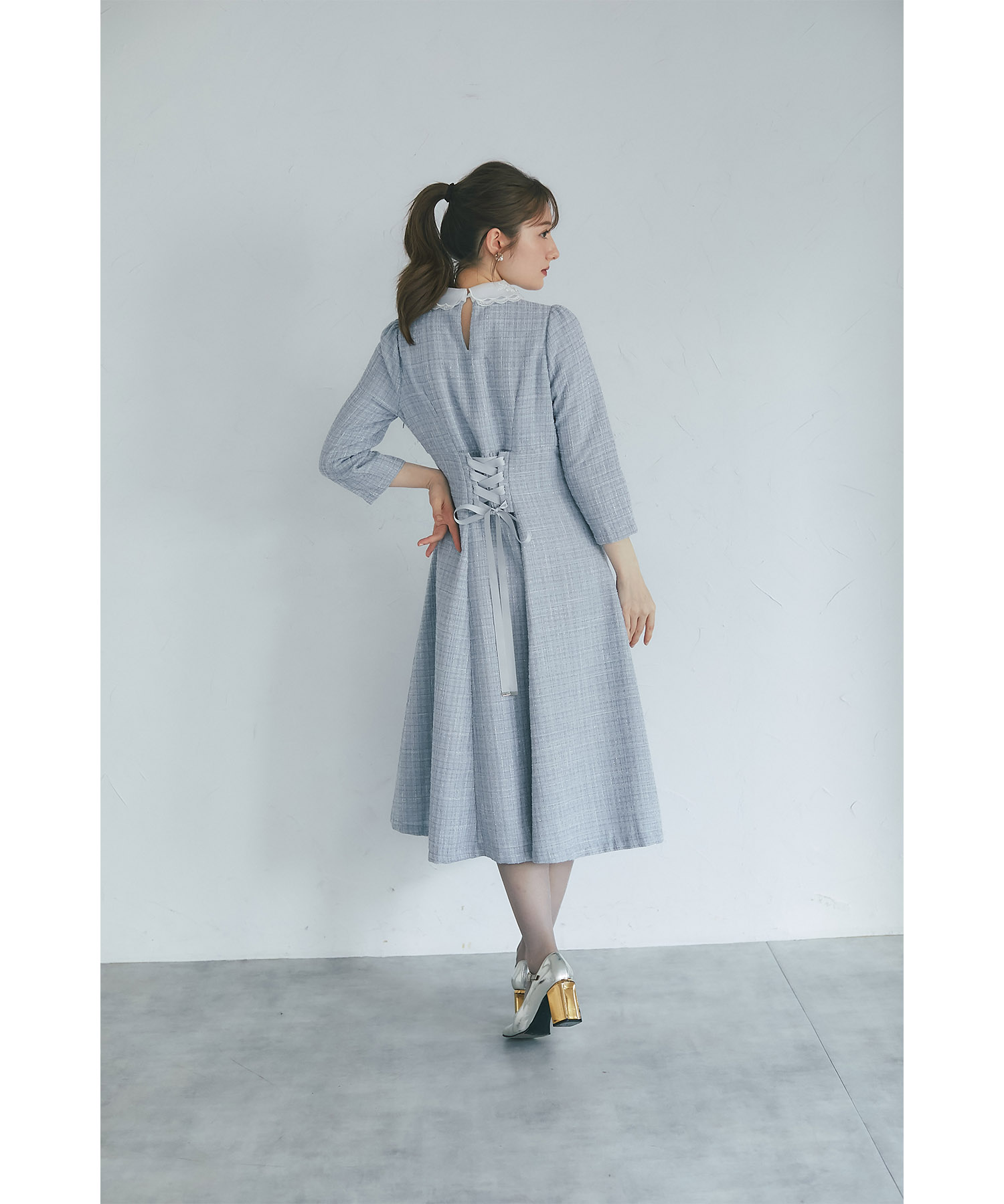 ビジュー×立体モチーフ付きオーガンジーフラワーレース襟ツイード