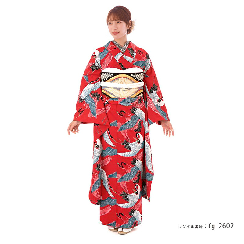 楽天市場】振袖 レンタル【成人式】fg_2602 /FR1412 ツル 赤 振袖 結婚