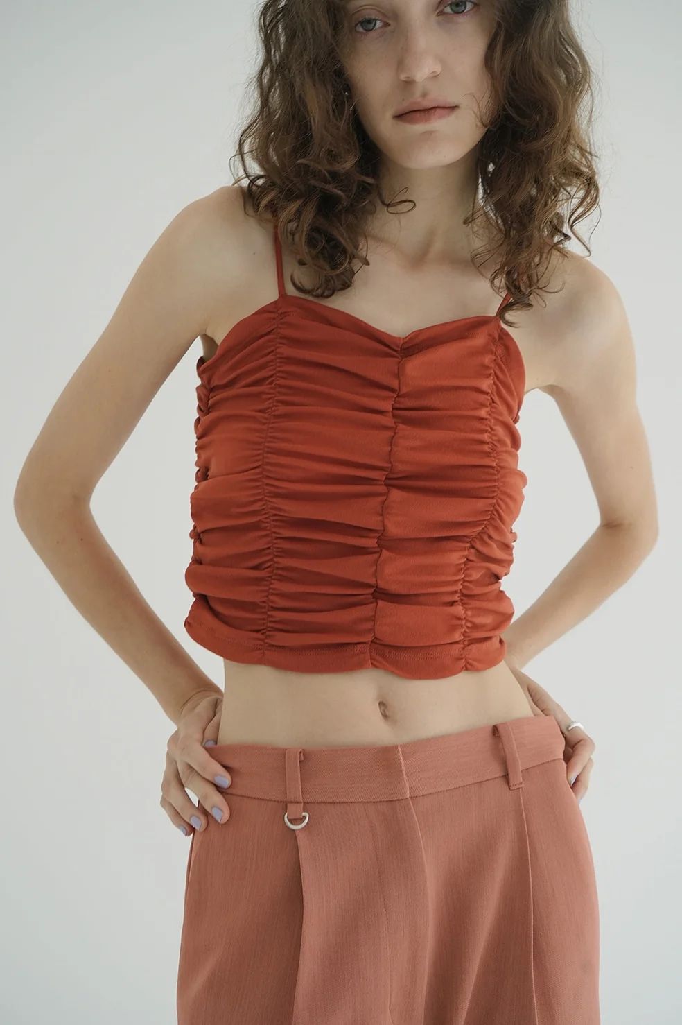 CLANE - SHIRRING CAMI TOPS ORANGE - シャーリングキャミトップス