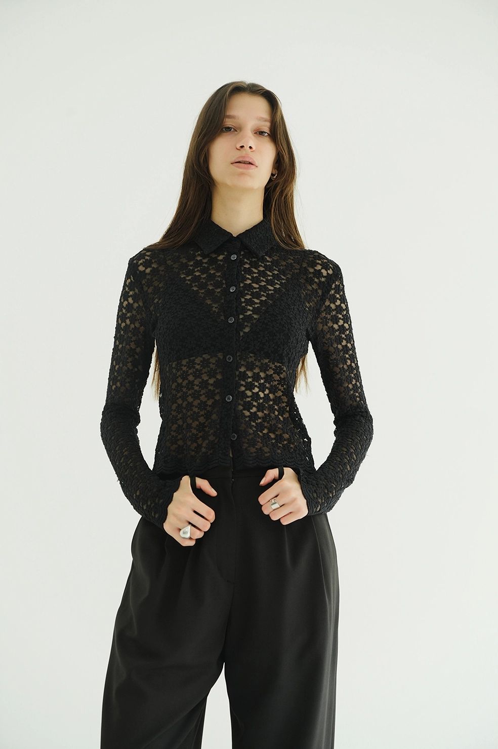 CLANE - フラワーレースシャツ - 3D FLOWER LACE SHIRT (BLACK