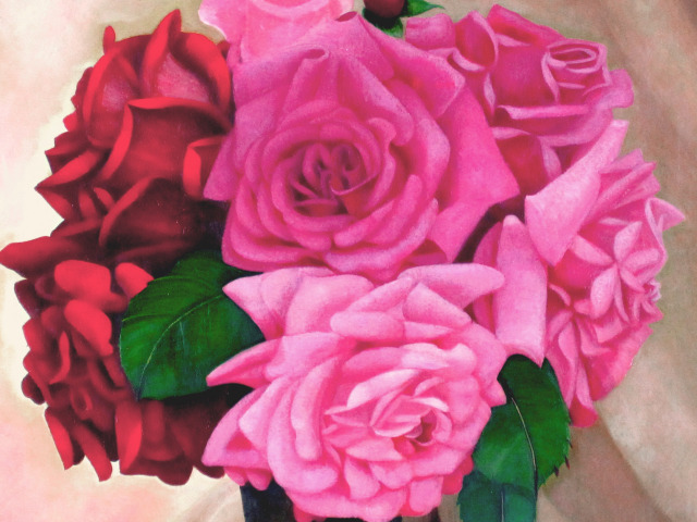 送料無料】志村好子「薔薇」（赤・ピンク）油彩・F6