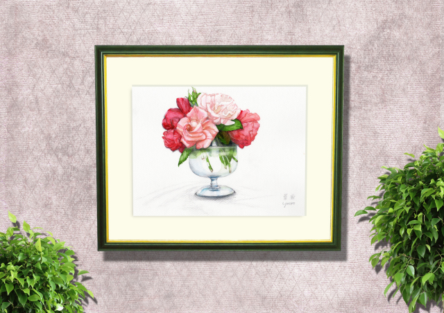 志村好子「薔薇（赤・ピンク）」水彩画（絵寸240×332・額寸377×454mm）