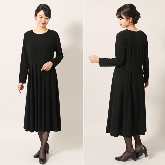 日本製］家庭で洗える ウエストタックロングワンピース ブラック