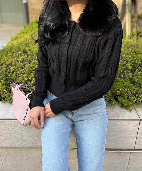 SALE】ファーカラーケーブルニットカーディガン/3カラー