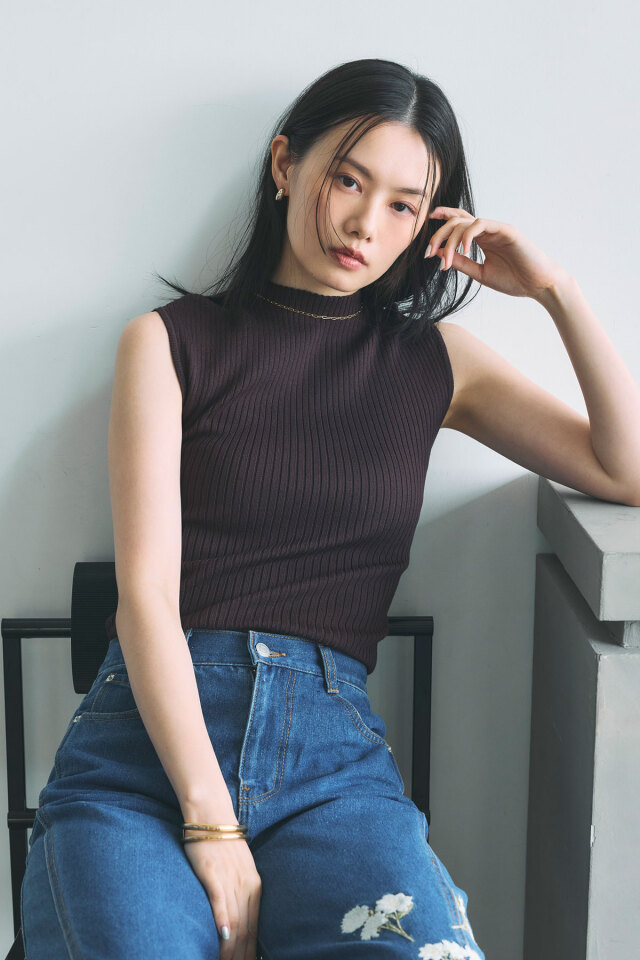 フレンチスリーブプチハイネックリブニット