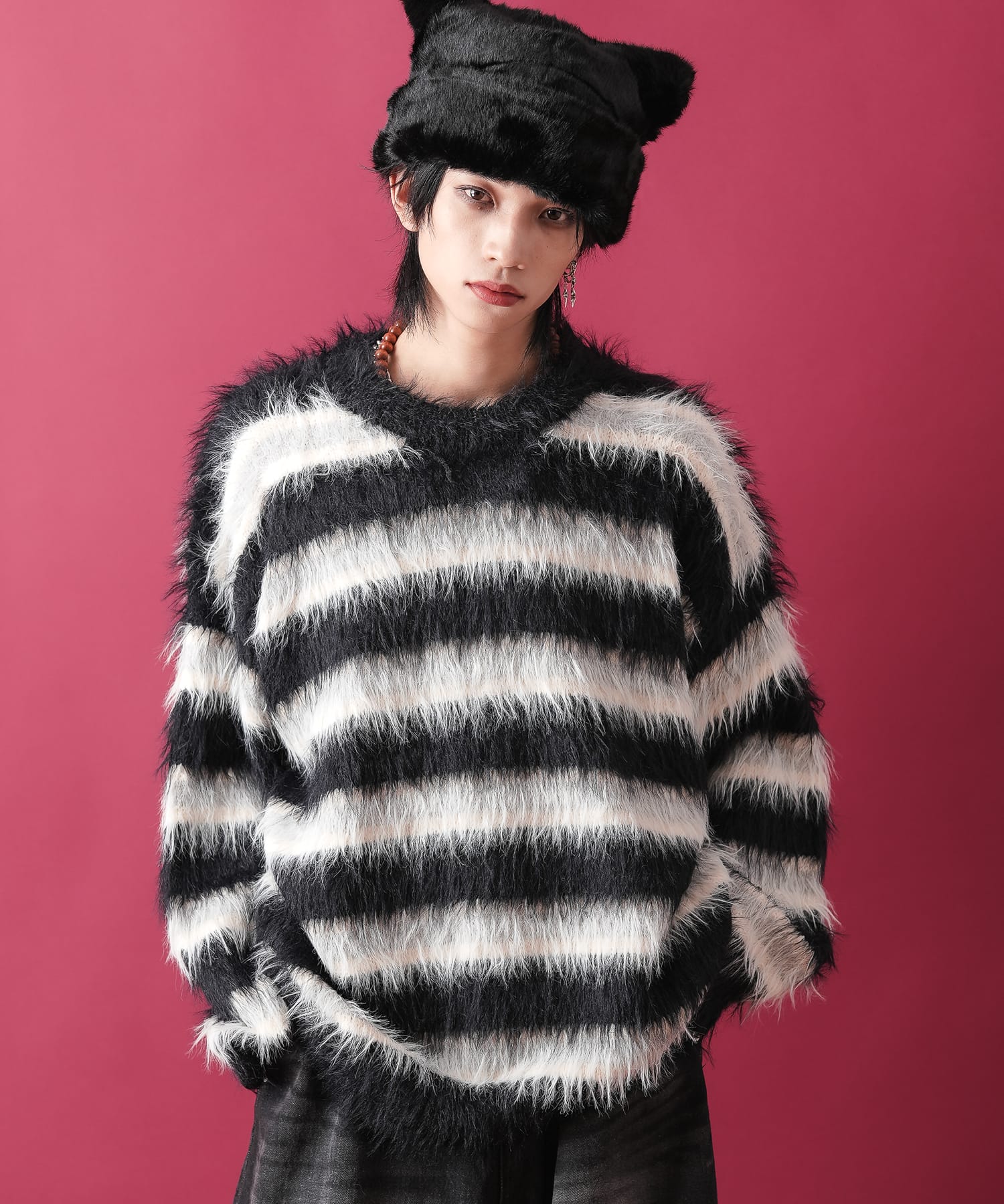 ボーダーシャギーファーニットセーター / メンズ レディース ユニ