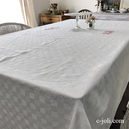 T2954 フランスアンティークリネン大判テーブルクロスSA 手刺繍