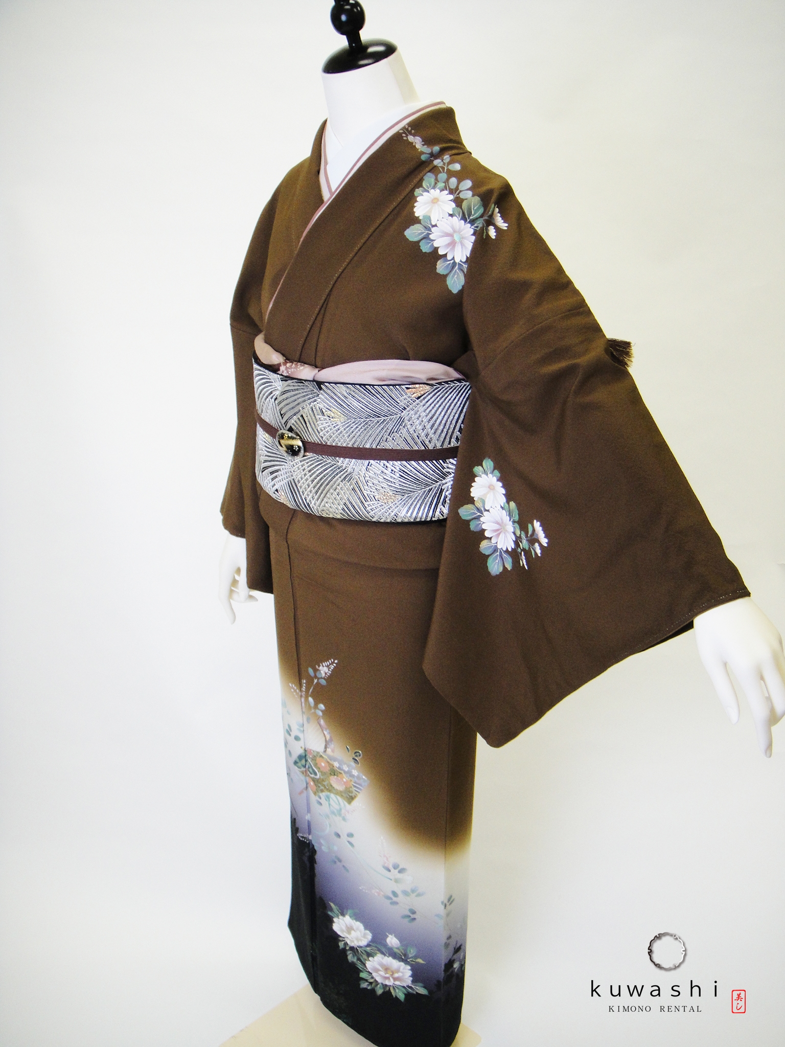 正絹訪問着レンタル】 10013 ブラウン螺鈿正絹訪問着 袋帯フル