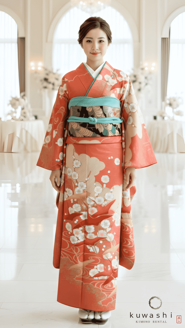 正絹振袖レンタル】 80027 朱赤地光琳鶴に梅正絹振袖袋帯セット