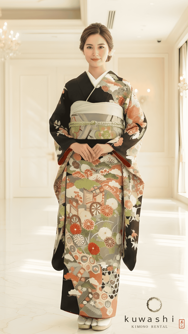 正絹振袖レンタル】 80034 黒地吉祥四季花御所車正絹振袖袋帯