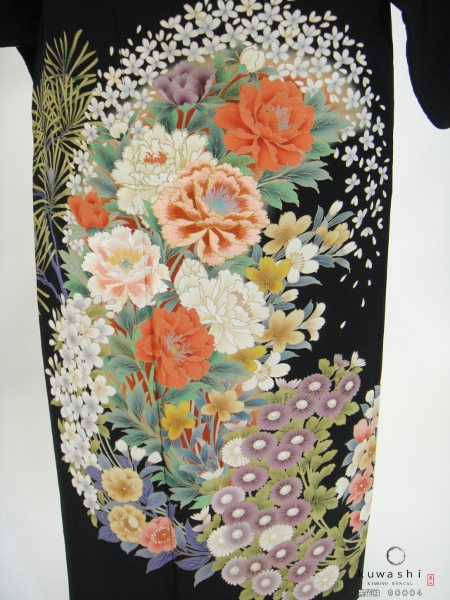 正絹黒留袖レンタル】 90004 四季花友禅黒留袖袋帯セット 【身長
