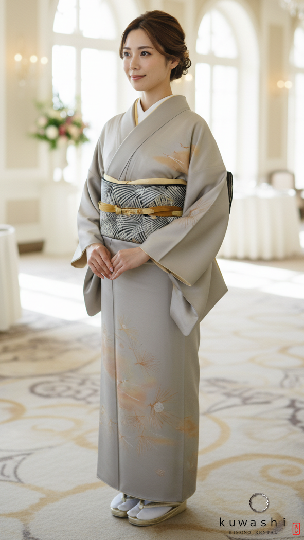 正絹訪問レンタル】 10027 グレーシルバー／金彩一つ紋正絹訪問着