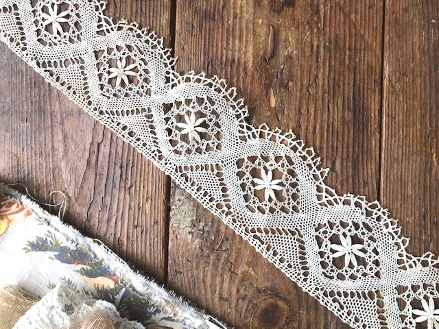 フランスアンティーク,ボビンレース,花モチーフ,レーステープ,幅広