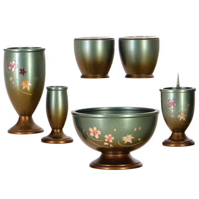 仏具セット【三日月 マットグリーン 彫金 6点セット 3.0寸～3.5寸